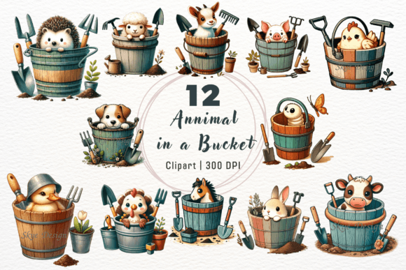 Adorable Animal in a Bucket Clipart for Creative Projects