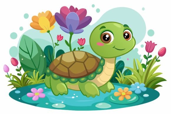 Bring Playful Charm to Your Projects with Turtles Animal Cartoon with Flowers