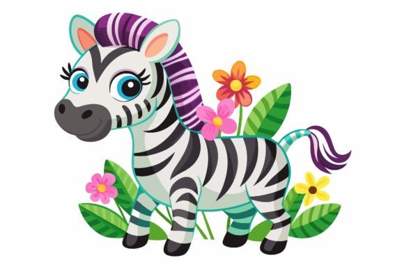 Creative Zebras Animal Cartoon with Flowers on a Design