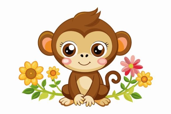 Monkey Animal Cartoon with Flowers on a Design: A Playful Asset for Modern Creators