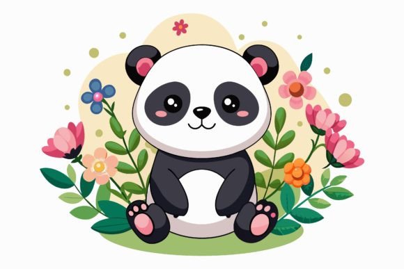 Panda Animal Cartoon with Flowers on a W: A Fresh, Playful Design Asset