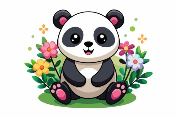 Pandas Animal Cartoon with Flowers on a Design: A Creative Asset