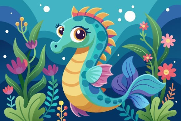 Sea Horse Animal Cartoon with Flowers on: Whimsical Design for Brands