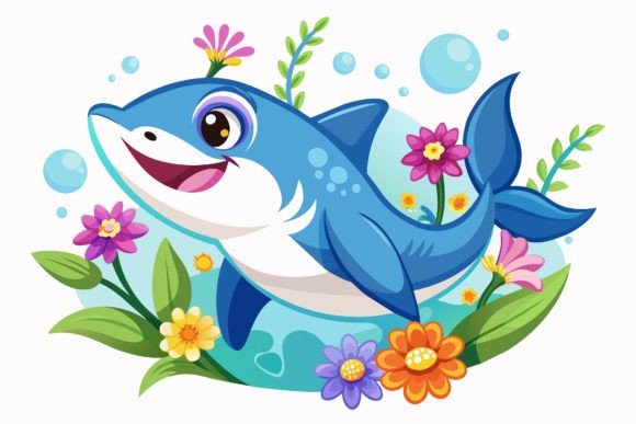 Shark Animal Cartoon with Flowers on a Design