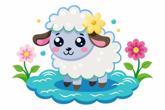 Sheep Animal Cartoon with Flowers on Background: A Design Asset for Every Creator