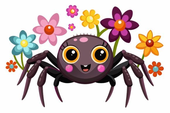 Spider Animal Cartoon with Flowers: A Playful Design Asset