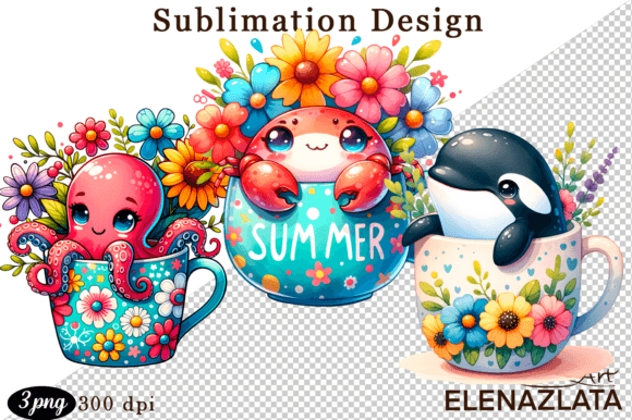 Whimsical Watercolor Charm: Sea Creatures in a Cup