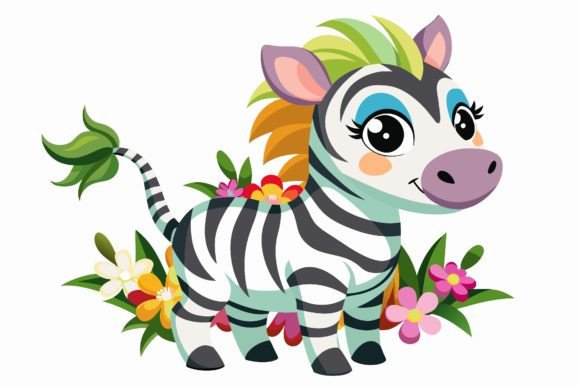Zebra Animal Cartoon with Flowers on a: A Playful Design Asset